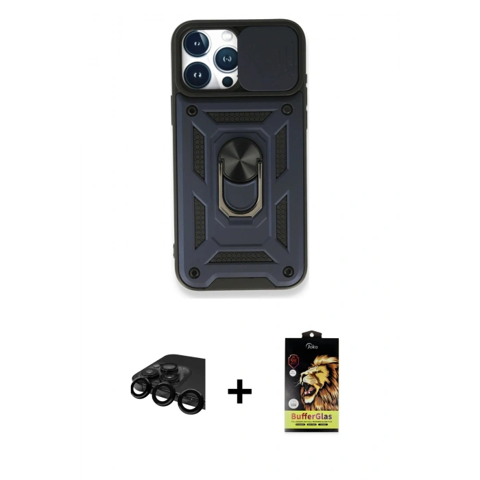 MARSİLYAN™- iPhone 15 Pro Kılıf Ahenk Klasik - Siyah Buffer Cam Ekran Koruyucu + Raze Metal Kamera Lens - SH