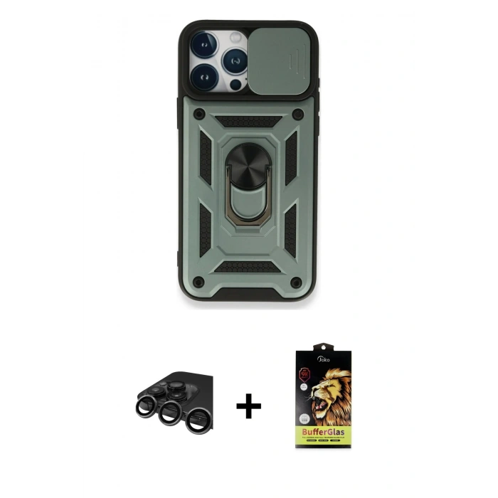 MARSİLYAN™- iPhone 15 Pro Kılıf Ahenk Klasik - Siyah Buffer Cam Ekran Koruyucu + Raze Metal Kamera Lens - TMGI