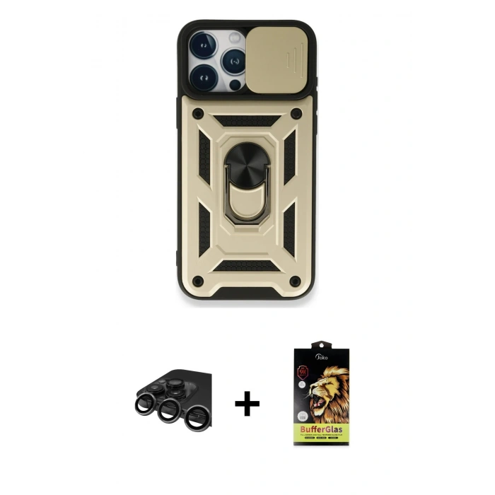 MARSİLYAN™- iPhone 15 Pro Kılıf Ahenk Klasik - Siyah Buffer Cam Ekran Koruyucu + Raze Metal Kamera Lens - TMGI