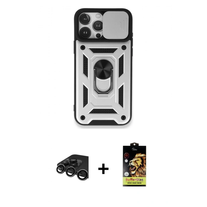 MARSİLYAN™- iPhone 15 Pro Kılıf Ahenk Klasik - Siyah Buffer Cam Ekran Koruyucu + Raze Metal Kamera Lens - TMGI