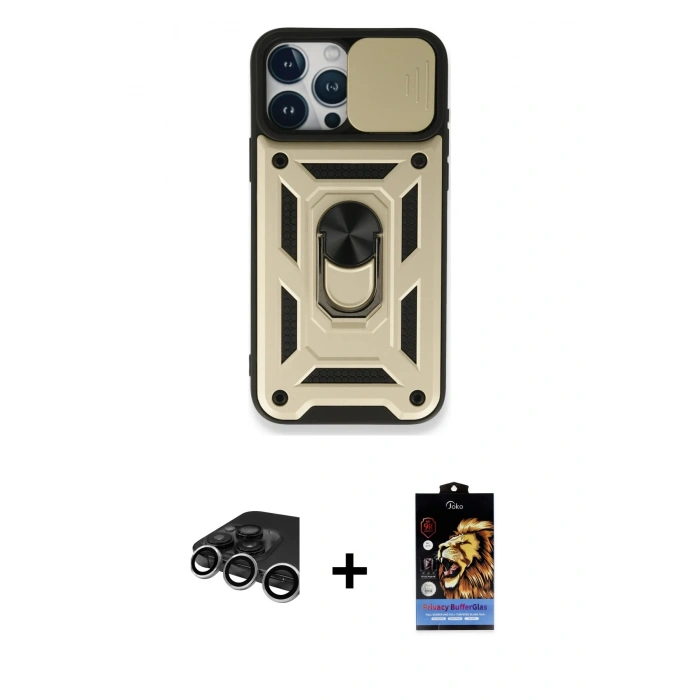 MARSİLYAN™- iPhone 15 Pro Kılıf Ahenk Klasik - Siyah Buffer Hayalet Cam Ekran Koruyucu + Raze Metal Kamera Lens - GS