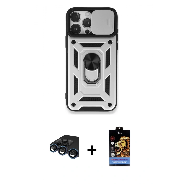 MARSİLYAN™- iPhone 15 Pro Kılıf Ahenk Klasik - Siyah Buffer Hayalet Cam Ekran Koruyucu + Raze Metal Kamera Lens - LT