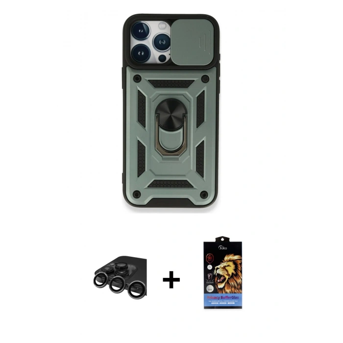 MARSİLYAN™- iPhone 15 Pro Kılıf Ahenk Klasik - Siyah Buffer Hayalet Cam Ekran Koruyucu + Raze Metal Kamera Lens - TMGI