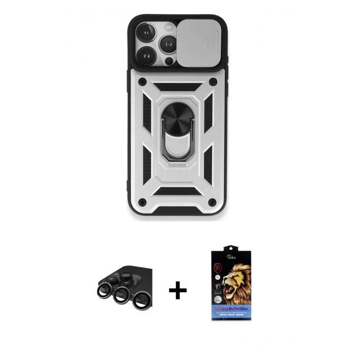 MARSİLYAN™- iPhone 15 Pro Kılıf Ahenk Klasik - Siyah Buffer Hayalet Cam Ekran Koruyucu + Raze Metal Kamera Lens - TMGI