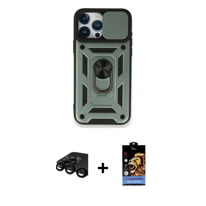 MARSİLYAN™- iPhone 15 Pro Kılıf Ahenk Klasik - Siyah Buffer Hayalet Cam Ekran Koruyucu + Raze Metal Kamera Lens - SH
