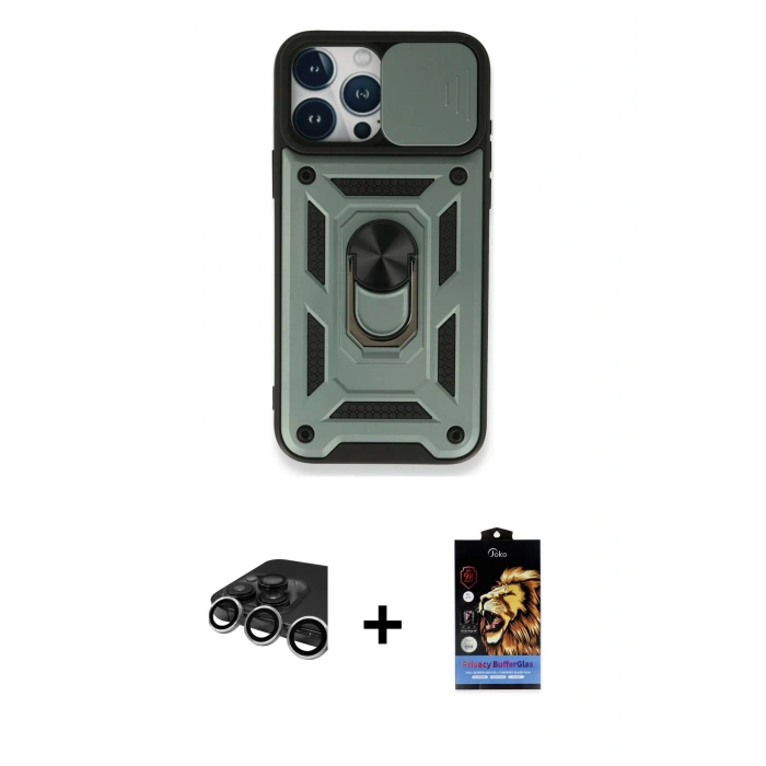 MARSİLYAN™- iPhone 15 Pro Kılıf Ahenk Klasik - Siyah Buffer Hayalet Cam Ekran Koruyucu + Raze Metal Kamera Lens - GS