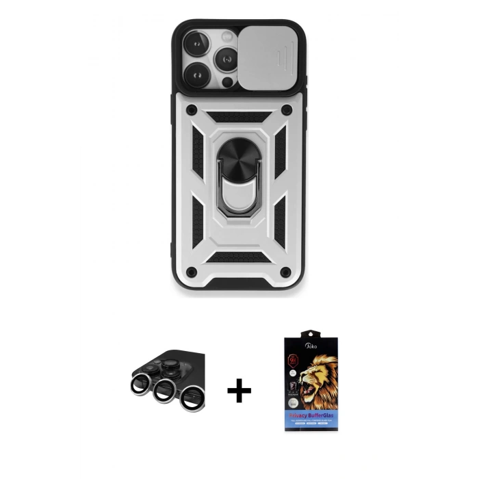 MARSİLYAN™- iPhone 15 Pro Kılıf Ahenk Klasik - Siyah Buffer Hayalet Cam Ekran Koruyucu + Raze Metal Kamera Lens - GS