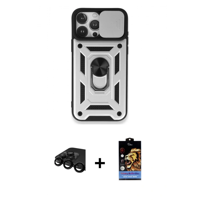MARSİLYAN™- iPhone 15 Pro Kılıf Ahenk Klasik - Siyah Buffer Hayalet Cam Ekran Koruyucu + Raze Metal Kamera Lens - SH