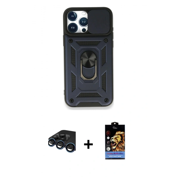 MARSİLYAN™- iPhone 15 Pro Kılıf Ahenk Klasik - Siyah Buffer Hayalet Cam Ekran Koruyucu + Raze Metal Kamera Lens - LT