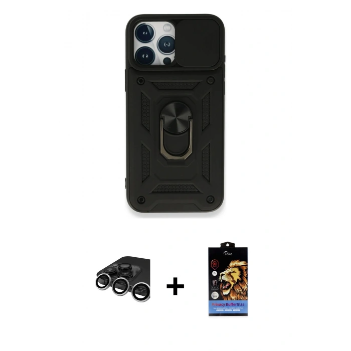 MARSİLYAN™- iPhone 15 Pro Kılıf Ahenk Klasik - Siyah Buffer Hayalet Cam Ekran Koruyucu + Raze Metal Kamera Lens - GS