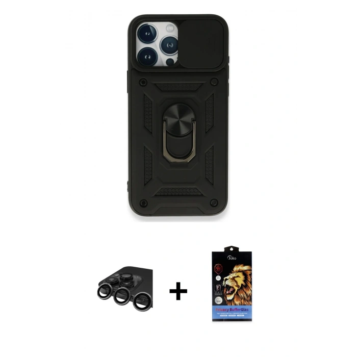 MARSİLYAN™- iPhone 15 Pro Kılıf Ahenk Klasik - Siyah Buffer Hayalet Cam Ekran Koruyucu + Raze Metal Kamera Lens - TMGI