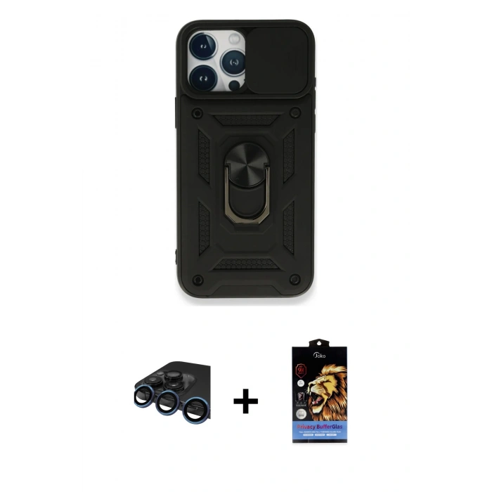 MARSİLYAN™- iPhone 15 Pro Kılıf Ahenk Klasik - Siyah Buffer Hayalet Cam Ekran Koruyucu + Raze Metal Kamera Lens - LT
