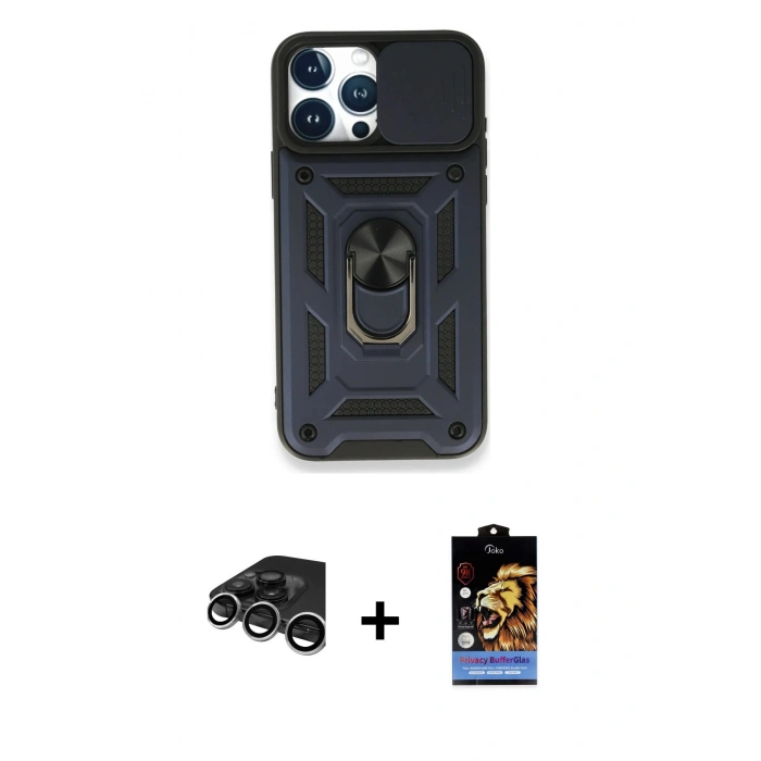 MARSİLYAN™- iPhone 15 Pro Kılıf Ahenk Klasik - Siyah Buffer Hayalet Cam Ekran Koruyucu + Raze Metal Kamera Lens - GS