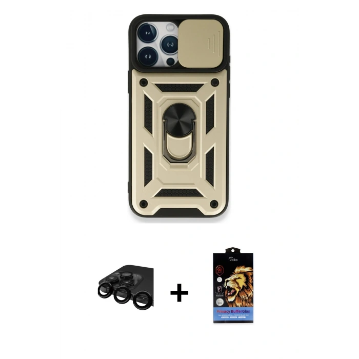 MARSİLYAN™- iPhone 15 Pro Kılıf Ahenk Klasik - Siyah Buffer Hayalet Cam Ekran Koruyucu + Raze Metal Kamera Lens - SH