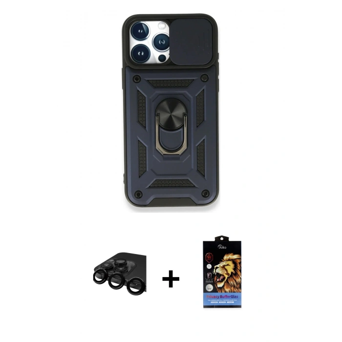 MARSİLYAN™- iPhone 15 Pro Kılıf Ahenk Klasik - Siyah Buffer Hayalet Cam Ekran Koruyucu + Raze Metal Kamera Lens - SH
