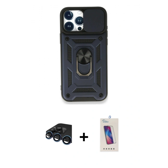 MARSİLYAN™- iPhone 15 Pro Kılıf Ahenk Klasik - Siyah Joko 5D Cam + Raze Metal Kamera Lens - LT