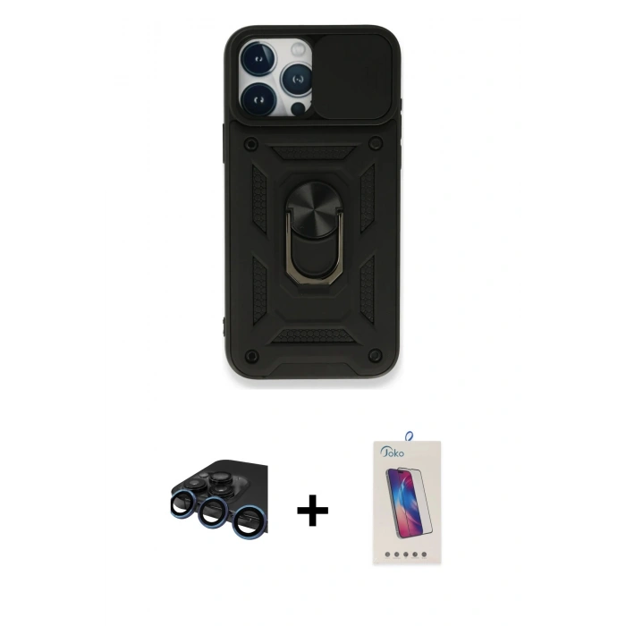 MARSİLYAN™- iPhone 15 Pro Kılıf Ahenk Klasik - Siyah Joko 5D Cam + Raze Metal Kamera Lens - LT