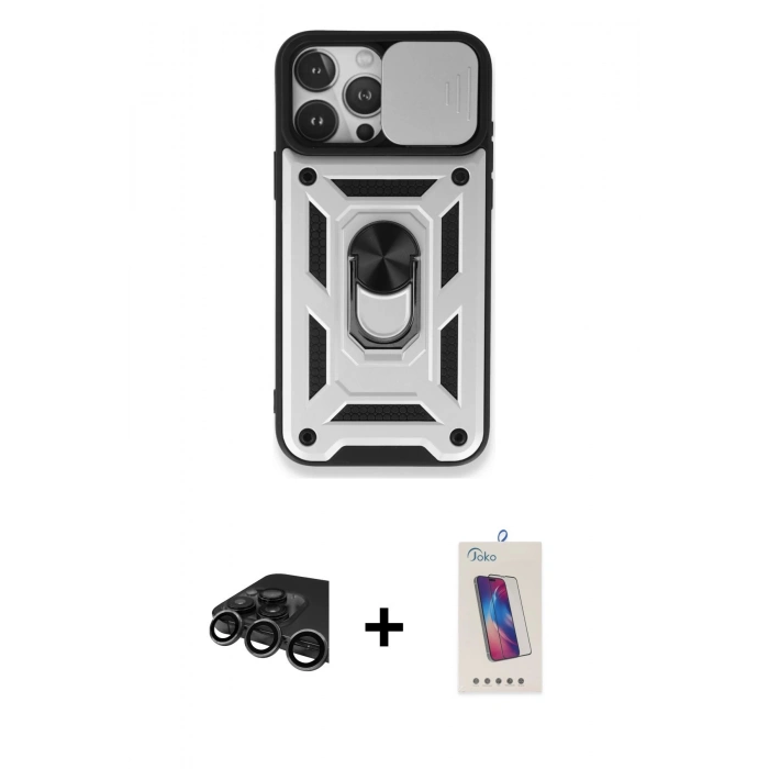 MARSİLYAN™- iPhone 15 Pro Kılıf Ahenk Klasik - Siyah Joko 5D Cam + Raze Metal Kamera Lens - TMGI