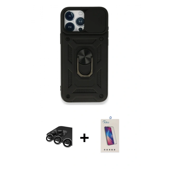 MARSİLYAN™- iPhone 15 Pro Kılıf Ahenk Klasik - Siyah Joko 5D Cam + Raze Metal Kamera Lens - TMGI