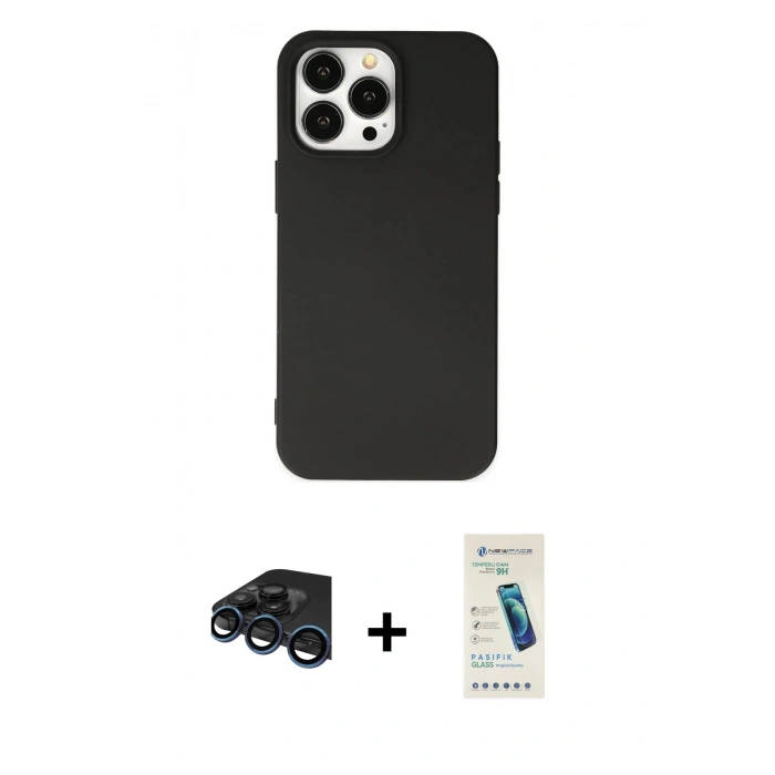 MARSİLYAN™- iPhone 15 Pro Kılıf Ahenk Serisi - Şeffaf Pasifik Cam Ekran Koruyucu + Raze Metal Kamera Lens - LT