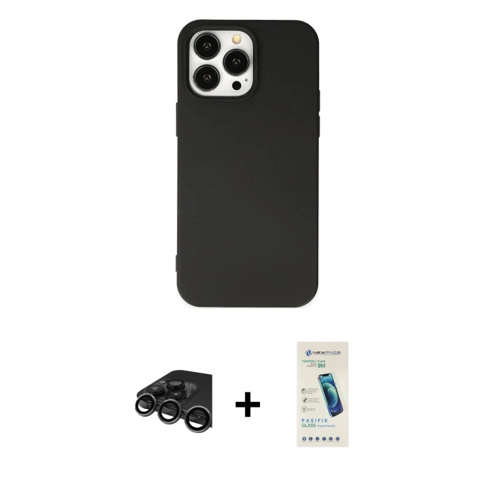 MARSİLYAN™- iPhone 15 Pro Kılıf Ahenk Serisi - Şeffaf Pasifik Cam Ekran Koruyucu + Raze Metal Kamera Lens - TMGI