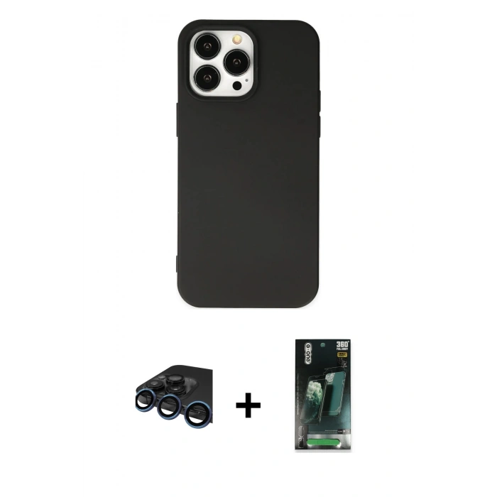MARSİLYAN™- iPhone 15 Pro Kılıf Ahenk Serisi - Siyah 360 Mat Full Body Arka Koruyucu + Raze Metal Kamera Lens - LT