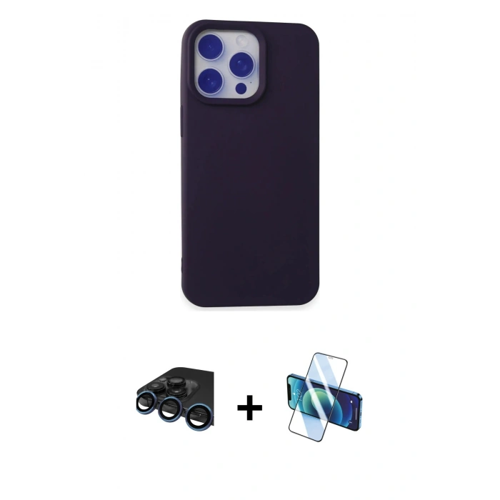 MARSİLYAN™- iPhone 15 Pro Kılıf Ahenk Serisi - Siyah 3D Antistatik Cam Ekran Koruyucu + Raze Metal Kamera Lens - LT