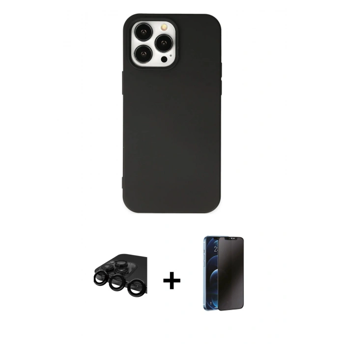 MARSİLYAN™- iPhone 15 Pro Kılıf Ahenk Serisi - Siyah 3D Antistatik Hayalet Cam Ekran Koruyucu + Raze Metal Kamera Lens - SH