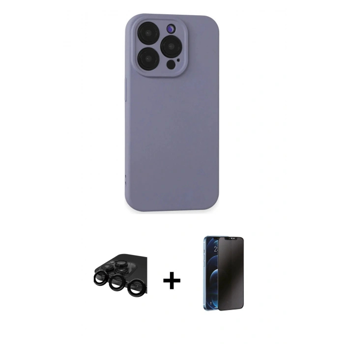 MARSİLYAN™- iPhone 15 Pro Kılıf Ahenk Serisi - Siyah 3D Antistatik Hayalet Cam Ekran Koruyucu + Raze Metal Kamera Lens - SH