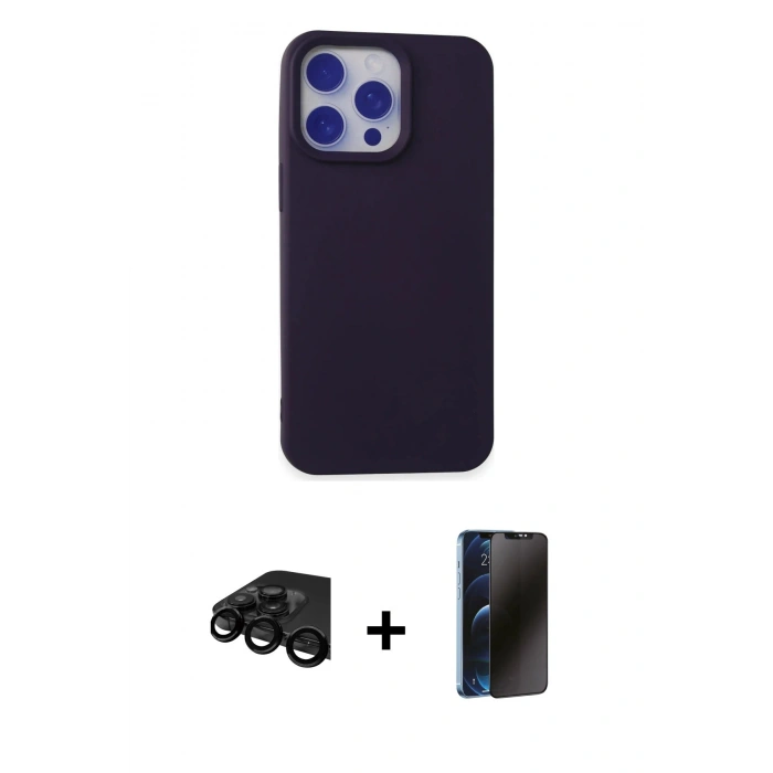 MARSİLYAN™- iPhone 15 Pro Kılıf Ahenk Serisi - Siyah 3D Antistatik Hayalet Cam Ekran Koruyucu + Raze Metal Kamera Lens - SH