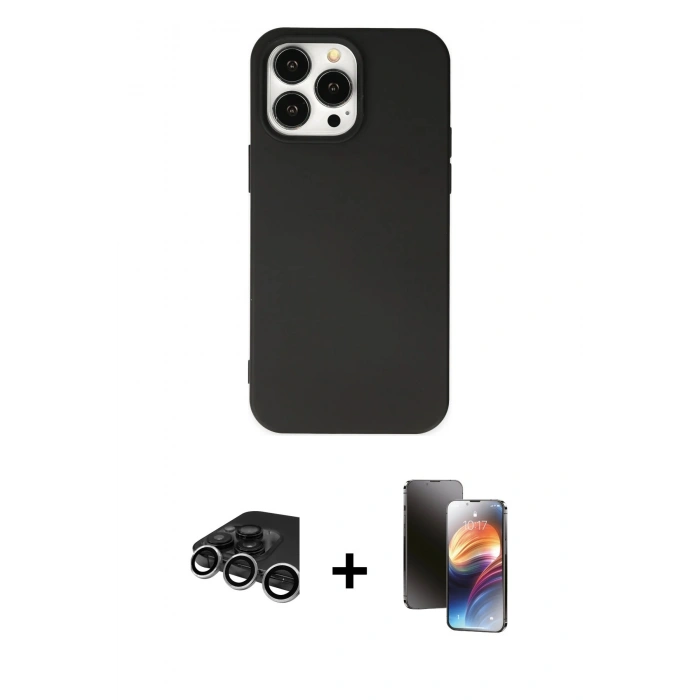 MARSİLYAN™- iPhone 15 Pro Kılıf Ahenk Serisi - Siyah 3D Antistatik Mat Seramik Nano Ekran Koruyucu + Raze Metal Kamera Lens - GS