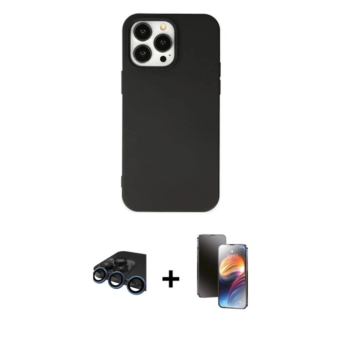MARSİLYAN™- iPhone 15 Pro Kılıf Ahenk Serisi - Siyah 3D Antistatik Mat Seramik Nano Ekran Koruyucu + Raze Metal Kamera Lens - LT