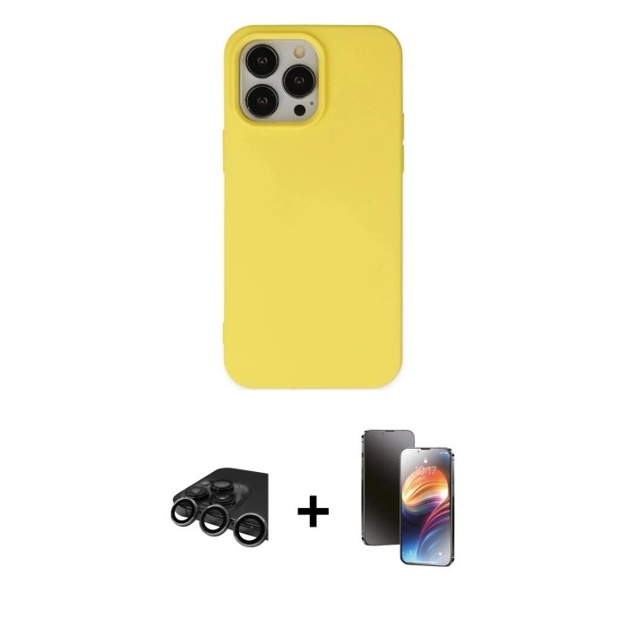 MARSİLYAN™- iPhone 15 Pro Kılıf Ahenk Serisi - Siyah 3D Antistatik Mat Seramik Nano Ekran Koruyucu + Titanyum Gri Raze Metal Kamera Lens