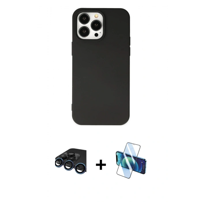 MARSİLYAN™- iPhone 15 Pro Kılıf Ahenk Serisi - Siyah 3D Antistatik Seramik Nano Ekran Koruyucu + Raze Metal Kamera Lens - LT