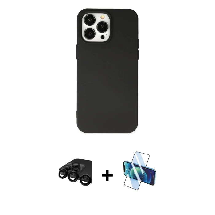 MARSİLYAN™- iPhone 15 Pro Kılıf Ahenk Serisi - Siyah 3D Antistatik Seramik Nano Ekran Koruyucu + Raze Metal Kamera Lens - SH