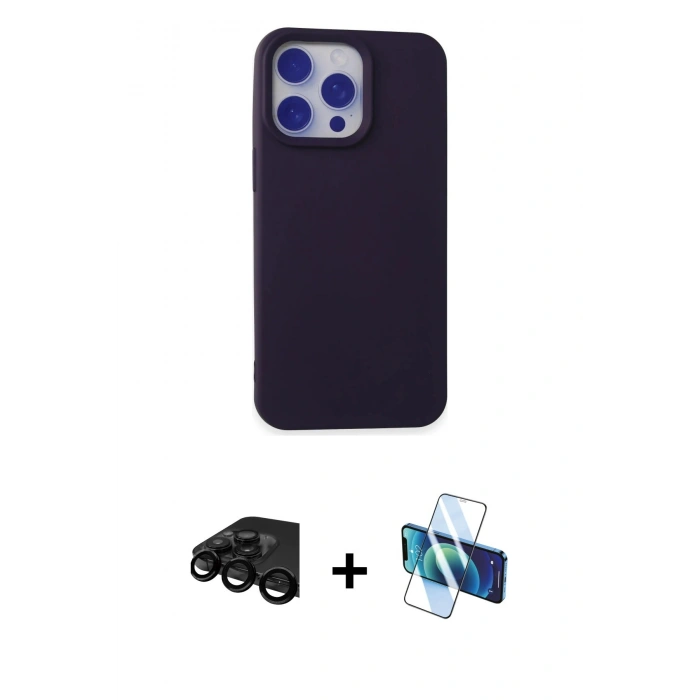 MARSİLYAN™- iPhone 15 Pro Kılıf Ahenk Serisi - Siyah 3D Antistatik Seramik Nano Ekran Koruyucu + Raze Metal Kamera Lens - SH