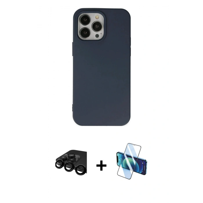 MARSİLYAN™- iPhone 15 Pro Kılıf Ahenk Serisi - Siyah 3D Antistatik Seramik Nano Ekran Koruyucu + Raze Metal Kamera Lens - SH