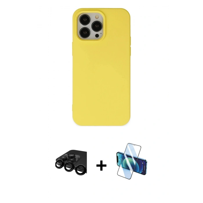 MARSİLYAN™- iPhone 15 Pro Kılıf Ahenk Serisi - Siyah 3D Antistatik Seramik Nano Ekran Koruyucu + Raze Metal Kamera Lens - SH