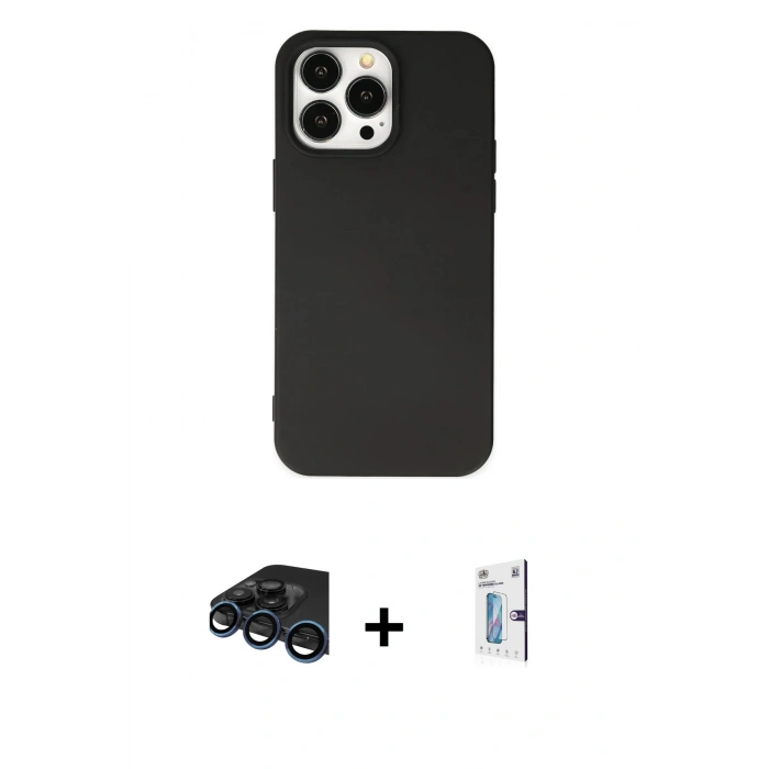 MARSİLYAN™- iPhone 15 Pro Kılıf Ahenk Serisi - Siyah Bilvis 0.18mm Plus Cam Ekran Koruyucu + Raze Metal Kamera Lens - LT