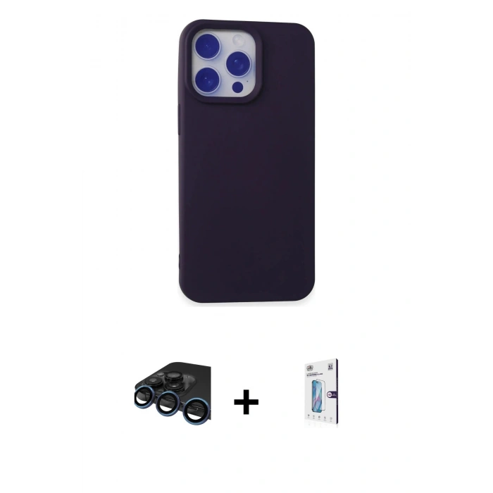 MARSİLYAN™- iPhone 15 Pro Kılıf Ahenk Serisi - Siyah Bilvis 0.18mm Plus Cam Ekran Koruyucu + Raze Metal Kamera Lens - LT