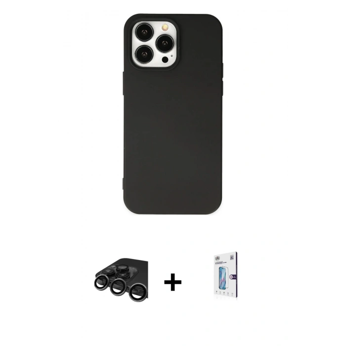 MARSİLYAN™- iPhone 15 Pro Kılıf Ahenk Serisi - Siyah Bilvis 0.18mm Plus Cam Ekran Koruyucu + Raze Metal Kamera Lens - TMGI