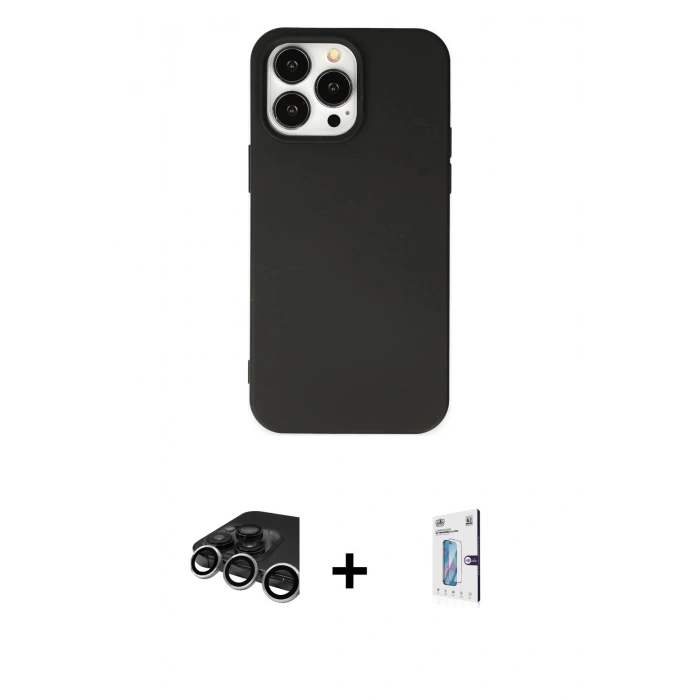 MARSİLYAN™- iPhone 15 Pro Kılıf Ahenk Serisi - Siyah Bilvis 0.18mm Plus Cam Ekran Koruyucu + Raze Metal Kamera Lens - GS