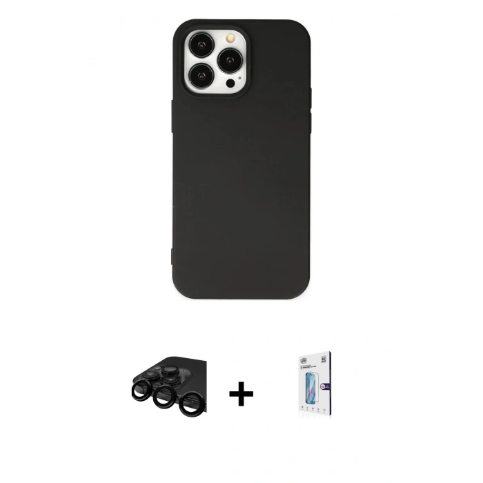 MARSİLYAN™- iPhone 15 Pro Kılıf Ahenk Serisi - Siyah Bilvis 0.18mm Plus Cam Ekran Koruyucu + Raze Metal Kamera Lens - SH