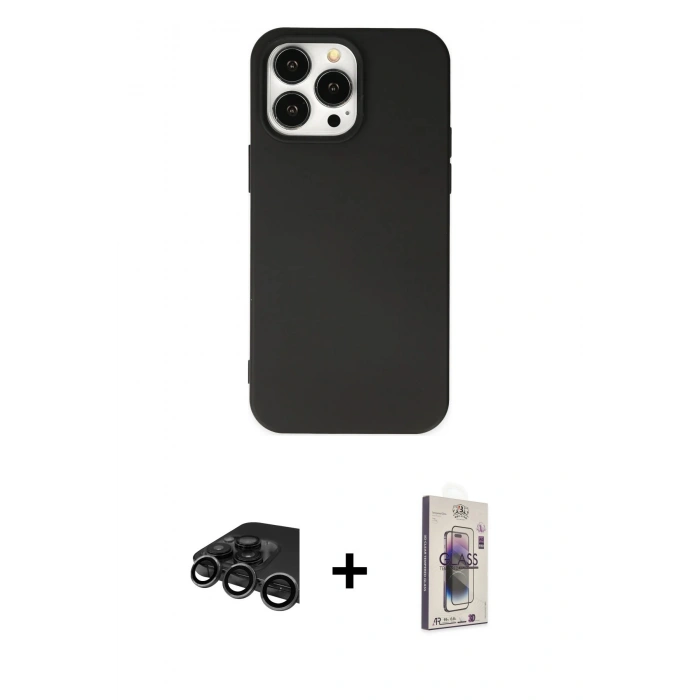 MARSİLYAN™- iPhone 15 Pro Kılıf Ahenk Serisi - Siyah Bilvis 3D Cam Ekran Koruyucu + Raze Metal Kamera Lens - TMGI