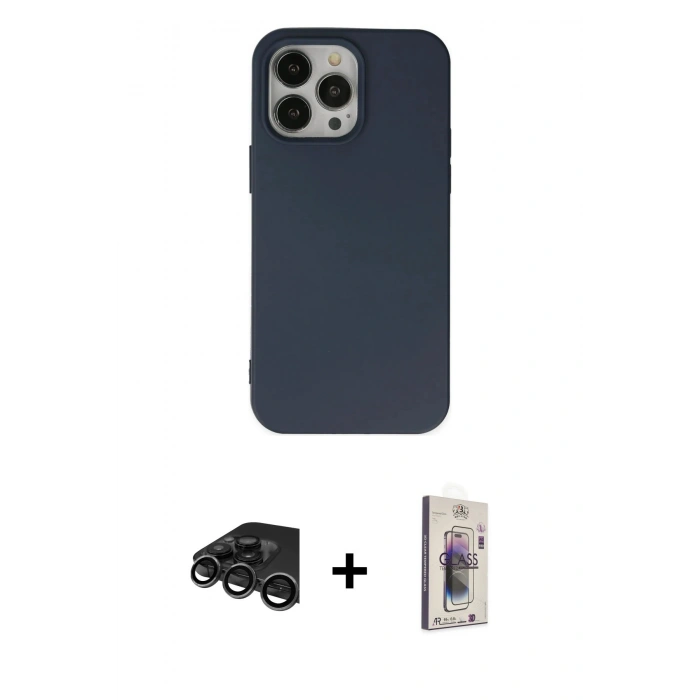 MARSİLYAN™- iPhone 15 Pro Kılıf Ahenk Serisi - Siyah Bilvis 3D Cam Ekran Koruyucu + Raze Metal Kamera Lens - TMGI