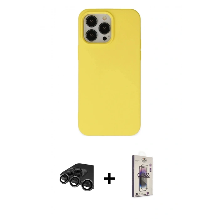 MARSİLYAN™- iPhone 15 Pro Kılıf Ahenk Serisi - Siyah Bilvis 3D Cam Ekran Koruyucu + Raze Metal Kamera Lens - TMGI