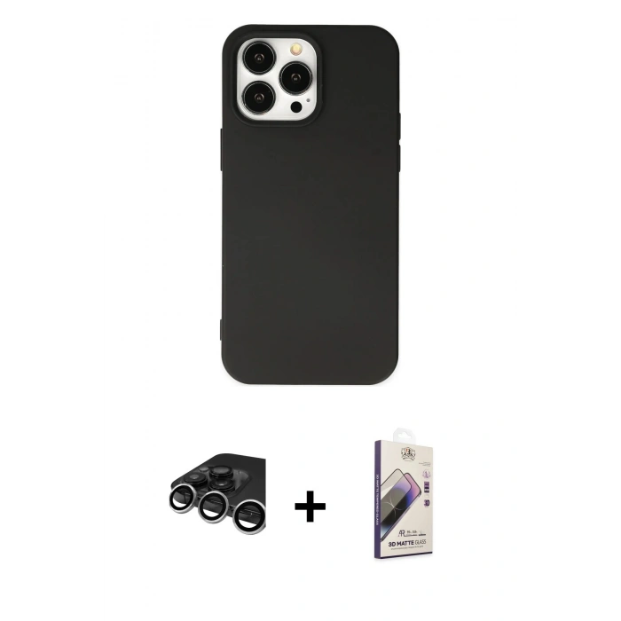 MARSİLYAN™- iPhone 15 Pro Kılıf Ahenk Serisi - Siyah Bilvis 3D Mat Cam Ekran Koruyucu + Raze Metal Kamera Lens - GS