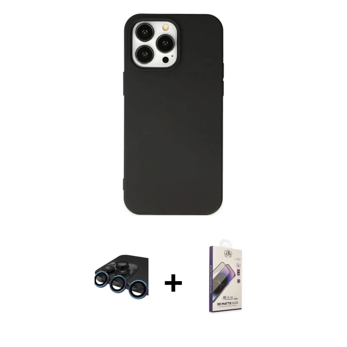 MARSİLYAN™- iPhone 15 Pro Kılıf Ahenk Serisi - Siyah Bilvis 3D Mat Cam Ekran Koruyucu + Raze Metal Kamera Lens - LT