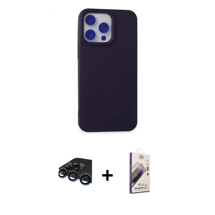 MARSİLYAN™- iPhone 15 Pro Kılıf Ahenk Serisi - Siyah Bilvis 3D Mat Cam Ekran Koruyucu + Raze Metal Kamera Lens - LT