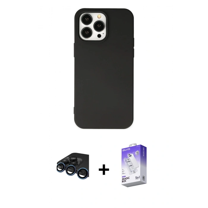 MARSİLYAN™- iPhone 15 Pro Kılıf Ahenk Serisi - Siyah Bilvis 5in1 3D Magic Cam Ekran Koruyucu + Lacivert Raze Metal Kamera Lens